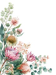 Fototapeta premium Watercolor corner arrangement with native Australian flowers including pink protea, eucalyptus leaves and delicate botanical elements on white background. Isolated design element.