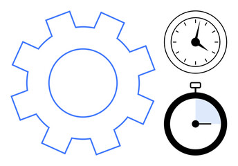 Large gear next to a wall clock and stopwatch symbolizing productivity, timing, planning, and precision. Ideal for workflow, process optimization, time tracking, project management, efficiency