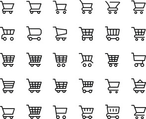 Shopping cart icon set, e-commerce symbols collection, retail basket graphics, online store tools, black and white cart illustrations, market design elements
