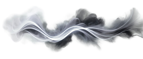 Ethereal wisps of gray and black smoke intertwined with thin, glowing white light trails, abstract and mysterious, isolated on a transparent background.