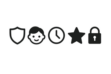 Simple icons: shield, person, clock, star, lock