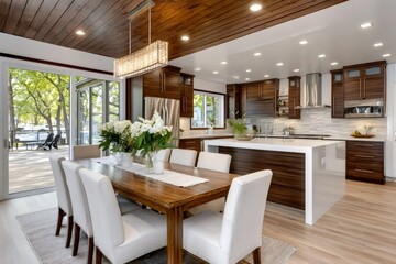 Fototapeta premium Modern open plan kitchen and dining room showcasing elegant design