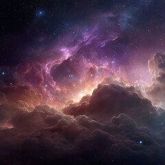 Naklejka premium Cosmic clouds of vibrant purple, orange, and blue amidst twinkling stars, dreamy