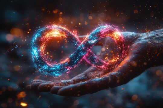 Hand Holding a Fiery Infinity Symbol in a Mystical Background