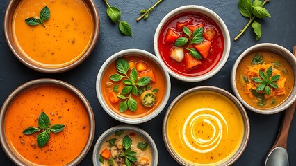 Colorful vegetable soups in ceramic bowls arranged on dark slate, showcasing healthy and appetizing...