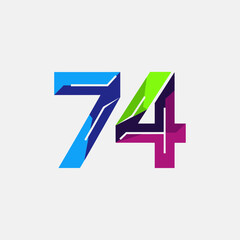 Number seventy-four graphic with blue green purple colors on white background.