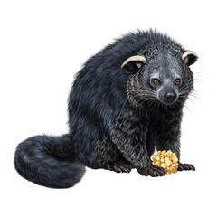 Fototapeta premium Binturong: Bearcat with prehensile tail and popcorn-scented fur, isolated on a transparent background. --v 7.0