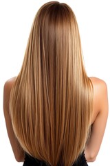 Naklejka premium Long straight honey blonde hair from behind showing healthy shiny hairstyle on white background. Professional salon result demonstrates smooth silky texture and haircare.
