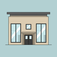 Obraz premium Cartoon building facade with large windows and a flat roof on blue.