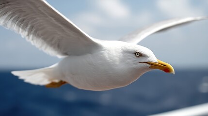 Fototapeta premium A majestic bird in flight, showcasing its striking white feathers and keen eyes over a serene ocean backdrop, Ideal for nature-related projects, wildlife articles, or travel brochures,