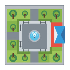 Aerial view of a building with surrounding trees and walkways in a park.