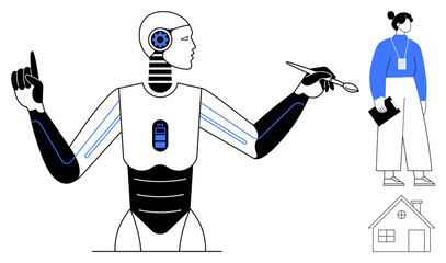 AI robot with stylized human features writing with a pen, woman observing with notebook. Ideal for AI technology, robotics, human-robot collaboration, education, conceptual design, futuristic