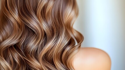 Fototapeta premium Luxurious wavy brown hair with blonde highlights and soft curls styled in modern beach waves against light background, showcasing professional hairstyling technique.