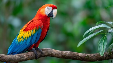 Fototapeta premium Scarlet macaw perching on branch in lush tropical rainforest
