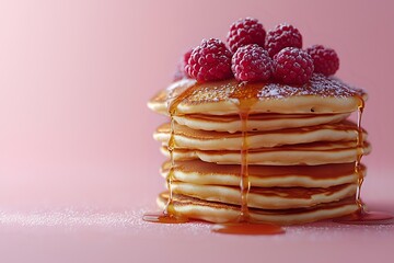 Stack of fluffy pancakes topped with fresh red raspberries and drizzled with maple syrup on pink background, powdered sugar dusting creates dreamy breakfast scene.