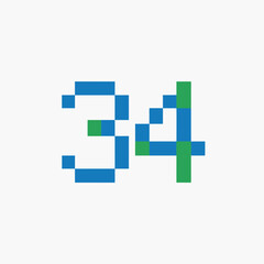 Pixelated number thirty four in blue and green on a white background.