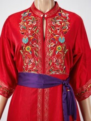 Vibrant red embroidered silk robe with purple sash, elegance