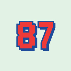 Red pixelated number 87 with blue outline on a light green background.