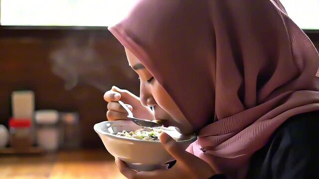 Happy Muslim woman in hijab enjoying a hot bowl of Indonesian Noodle Soup
