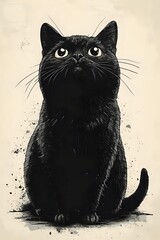 Obraz premium Black cat with bright eyes looking up against vintage beige background, artistic ink splatter effect creates dramatic contrast and mysterious atmosphere.