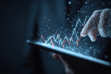 Low poly wireframe of Business holding tablet and showing holographic graphs and stock market statistics gain profits in form of line, dot, and low polygon. Concept of growth planning and strategy.