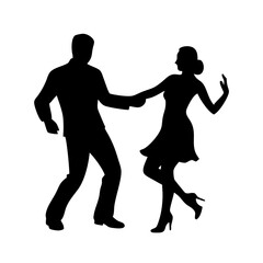 Silhouette of Couple Dancing Together - Black silhouette of a man and woman dancing gracefully, holding hands, symbolizing joy, romance, movement, and celebration on a white background.