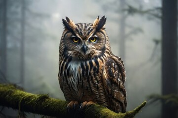 Fototapeta premium Close-up of a Majestic Owl in a Misty Forest