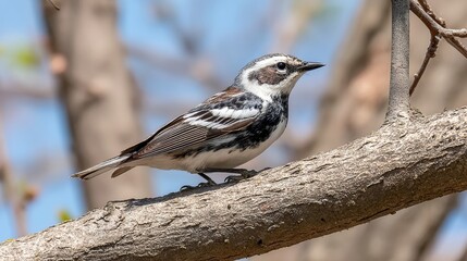 A close-up of a small bird perched on a branch, showcasing its striking black and white plumage against a blurred natural background, Ideal for nature articles, birdwatching guides