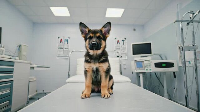 Close-up, Puppy receiving a vaccination, slight apprehensive expression, sterile medical environment, bright and clean lighting

