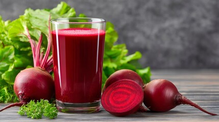 Glass of beetroot juice with fresh beetroots and greens on wooden table