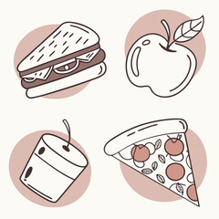 Hand drawn doodle style icons of a sandwich apple drink and pizza slice on a light background