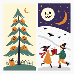 Whimsical halloween illustration with a pumpkin decorated tree and children exchanging gifts under a spooky moonlit sky