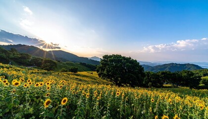 Late summer country landscape with sunflower meadow