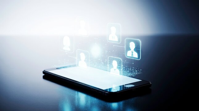 People Icons showing Connection between each other through mobile futuristic digital interface with stylus Interacting on Touchscreen Tablet.