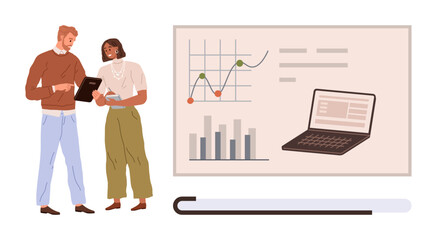 Two colleagues reviewing tablet while analyzing charts on screen featuring graphs, bars, and a laptop. Ideal for teamwork, business strategy, data analysis, office work, growth planning, education