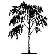 Black silhouette of a leafy tree with markings on the trunk