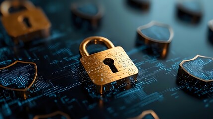 Golden padlock on circuit board with digital security symbols, dramatic lighting on dark blue tech background for cybersecurity and data protection concepts.