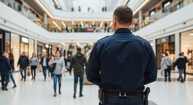Armed Middle Aged Male Patrol Officer Security Guard Monitoring Busy Shopping Mall. International Security Officers Day, Black Friday
