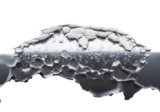 Detailed macro shot of a car's metallic paint with milky, flaking clear coat delamination on a transparent studio background. Clinical examination of material failure