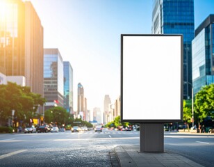Realistic vertical outdoor advertising billboard mockup in the middle of a modern city street, perfect for marketing campaigns, urban branding projects, poster designs, and promotional signage 