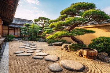 Japanese Garden Path With Pine Tree