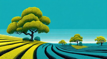 Vibrant Landscape with Stylized Trees and Colorful Fields