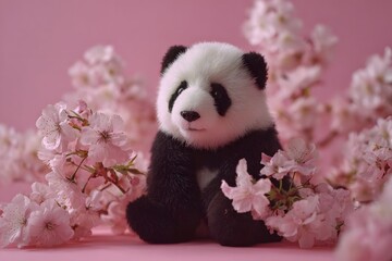 Adorable panda plush toy surrounded by pink cherry blossoms on a soft pink background