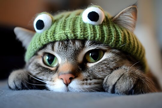 Adorable gray tabby cat wearing funny green knitted frog hat with googly eyes, looking directly at camera with expressive green eyes. Close up portrait on gray background.