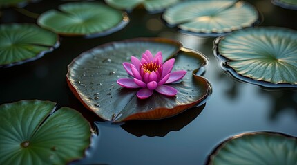 Pink water lily flower blooming in a pond with green lily pads and water drops, creating a tranquil and beautiful scene ai generated