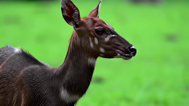 Bushbuck Antelope Profile: Distinctive White Markings on Dark Fur Against Lush Green Background