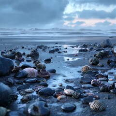 Obraz premium Beautiful Shoreline with Shells and Calm Water at Sunset