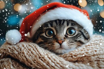 Adorable tabby cat wearing Santa hat and wrapped in cozy knit scarf against snowy winter background with bokeh lights and falling snowflakes.
