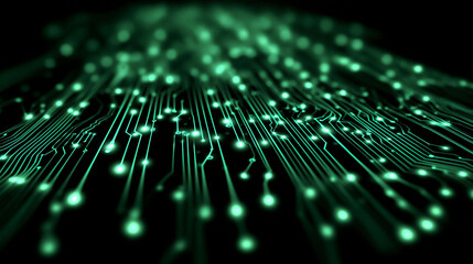 Glowing circuit board lines with data dots. Technology network concept for digital communication and modern innovation