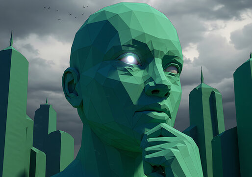 Contemplative Polygonal Head Gazing Upon a Teal Cityscape Under a Stormy Sky